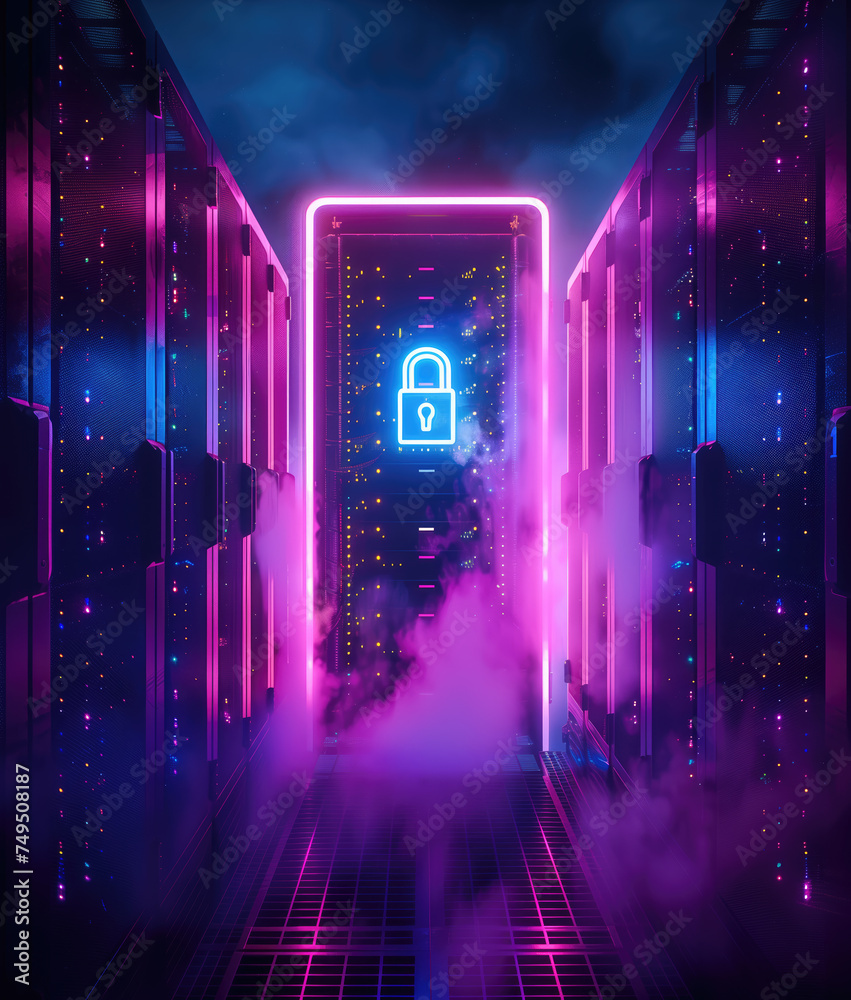 A futuristic neon-lit server rack door floats amidst clouds with a cosmic starscape in the background, symbolizing digital security.