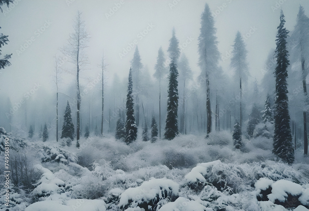 snow covered trees, mystical winter landscape, misty forest at winter 