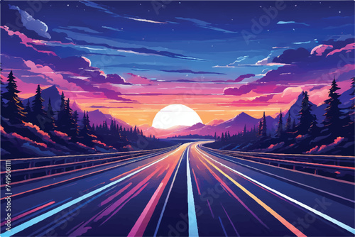 Road landscape . Gorgeous scenery featuring a road that leads to hills. highway landscape with mountains in the distance. travel for vacation. Illustration in vector form. a stunning sunset vista.