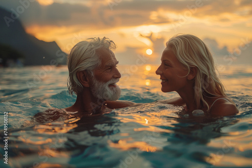Caucasian old couple in love swim in tropical sea © sofiko14