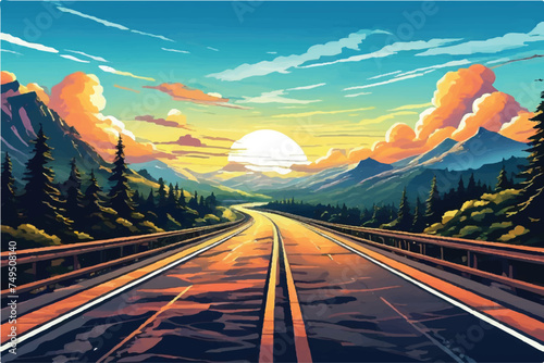 Road landscape . Gorgeous scenery featuring a road that leads to hills. highway landscape with mountains in the distance. travel for vacation. Illustration in vector form. a stunning sunset vista.