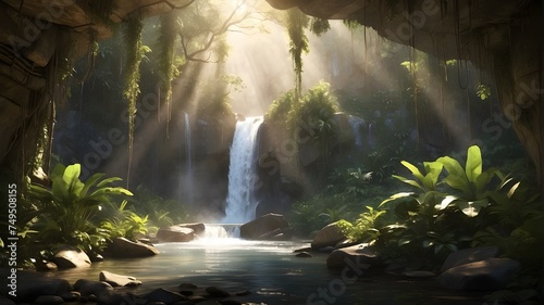  Sunlight filters through the dense canopy  illuminating a hidden waterfall in the heart of the jungle. 