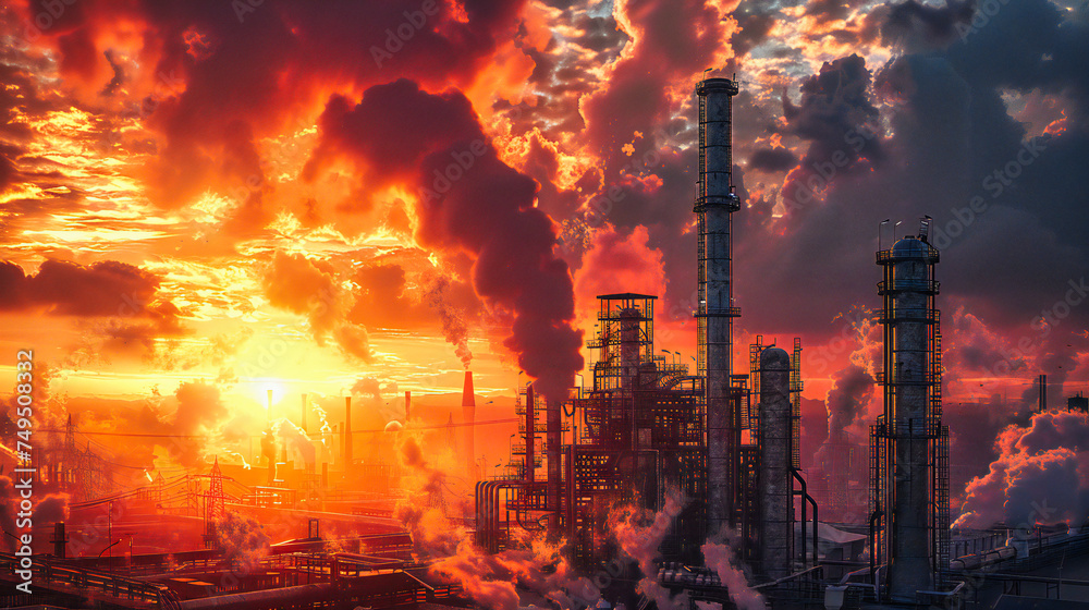 Industrial Ecology: Sunset over Factory, Pollution, and Energy Supply