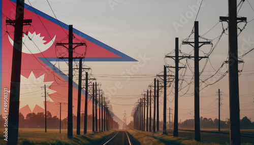Electricity in the Nepal. Electric poles on the background of the Nepal flag. Nepal flag and Electric poles.