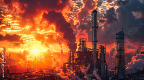 Industrial Ecology: Sunset over Factory, Pollution, and Energy Supply