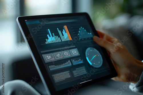 Close-up of hands holding a tablet with advanced data analytics dashboards, featuring global statistics and graphs.
