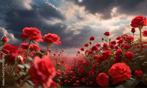 red whispers of a sparkling tale of fresh soft garden filled with red roses and daisies caressed by ambient soft sunlight under a cloudy sky