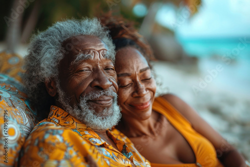 African American old couple in love lying on sandy beach on seashore