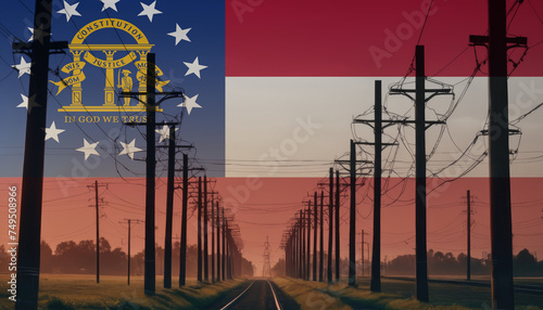 Electricity in the Georgia. Electric poles on the background of the Georgia flag. Georgia flag and Electric poles.