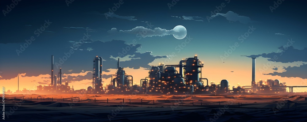 Twilight industrial plant in desert sands: A serene dusk scene. Concept Desert Twilight, Industrial Plant, Dusk Scene, Serene Atmosphere, Sand Dunes