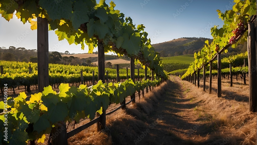 Naklejka premium vineyard at sunset, Amidst the rolling vineyards of the Adelaide Hills