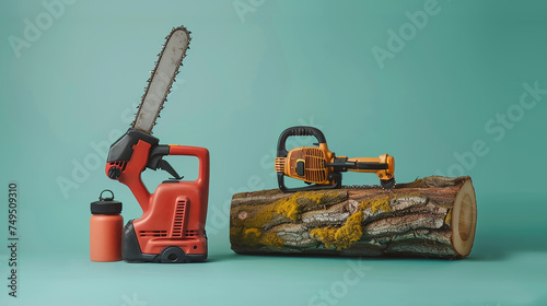 A chainsaw, a fuel canister, and a log splitter on a green background.