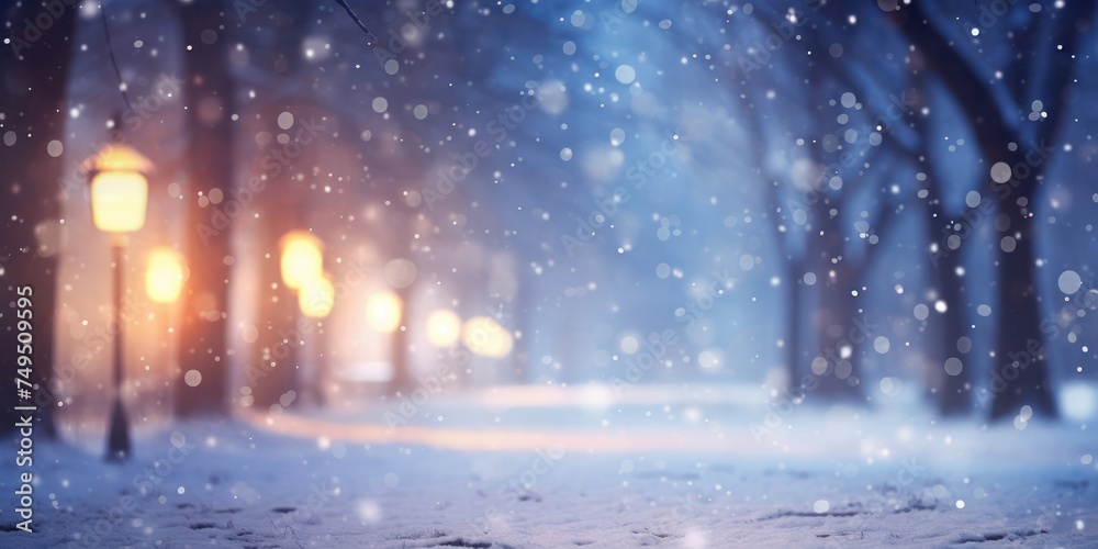 Naklejka premium Snowy Night in Park With Street Lights Generative AI