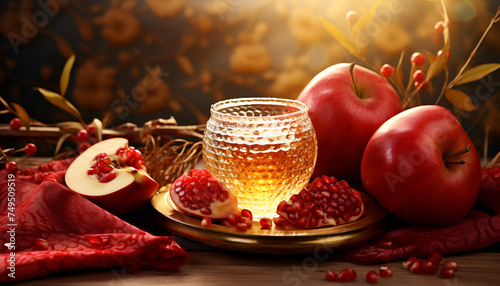 A glass of beer with apples and pomegranate seeds on thw table with a piece of red cloth and blurly background Ai Generative photo