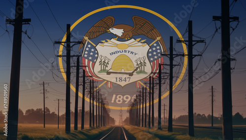 Electricity in the Utah. Electric poles on the background of the Utah flag. Utah flag and Electric poles.