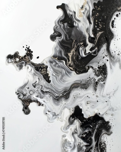 Ink abstraction of white gold and black flowing sand particles