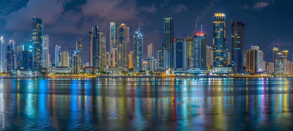 Panoramic cityscape over the sea at night with dazzling lights and urban skyline