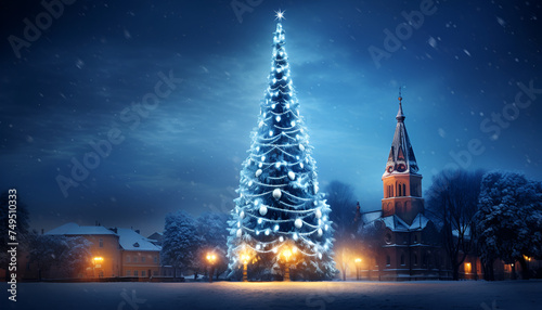 Christmas tree on blue background render illustration Christmas tree with shining light with particles falling snowflakes and stars rendering blue sky background Ai Generative