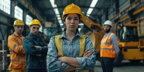 group portrait of construction workers with background of excavation machinery aigx04