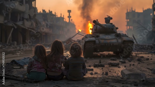 Children sit in front of city destruction tank fire and smoke. Concept Dystopian Setting, Children's Portrait, Apocalyptic Scene, War Zone, Emotional Photography