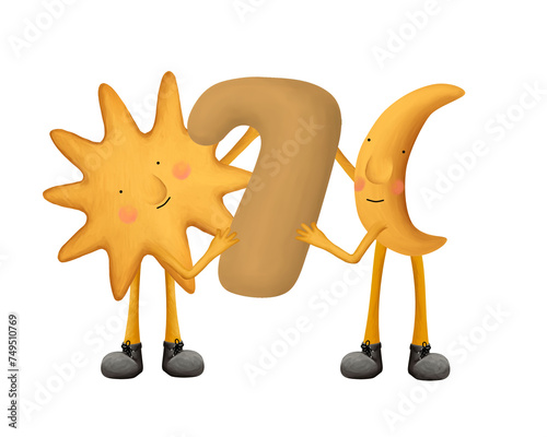 Bright numbers. Cute moon and sun with number 7. Illustration for kids on white background