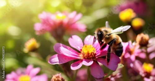Sun-Kissed Beauty: Spring Flowers & Busy Bee Create a Mesmerizing Scene © bellart