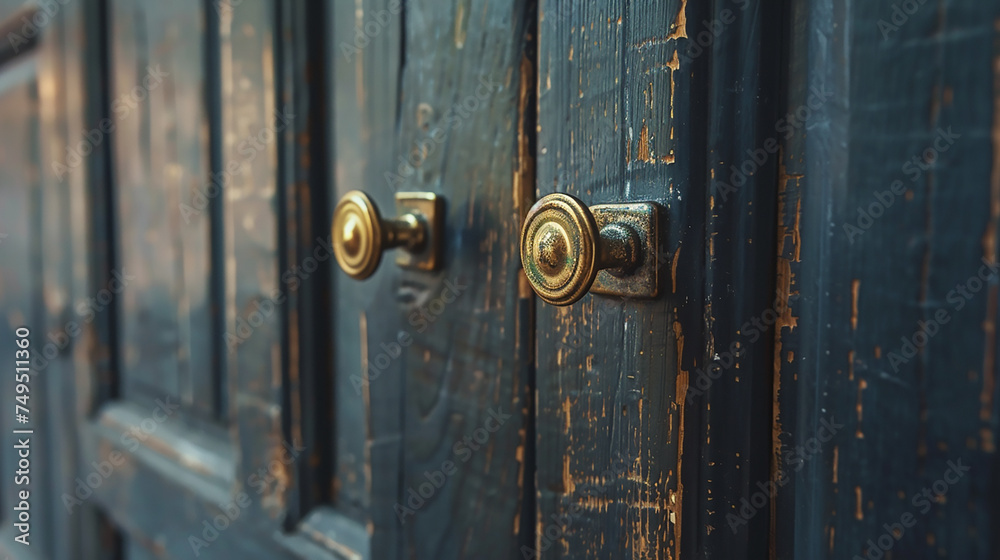 A cupboard door with a brass handle, highlighting its durability and classic charm. A cupboard door with a brass handle, highlighting its durability and classic charm.