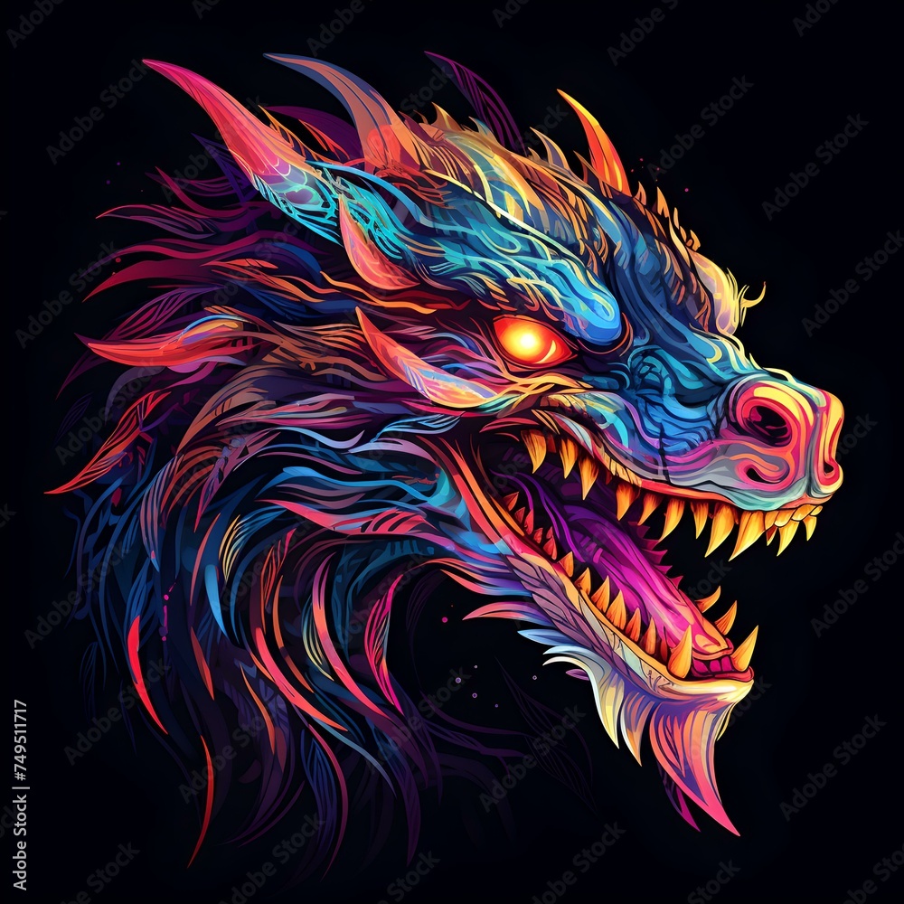 Fototapeta Colorful neon dragon head on a dark background, artistic digital concept