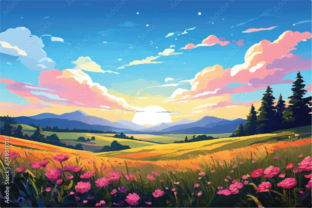 Summer field Illustration background with beautiful sunrise and beautiful flowers. Summer Landscape. Beautiful Nature Scenery Illustration. Spring Landscape Green fields. Peaceful rural nature view.