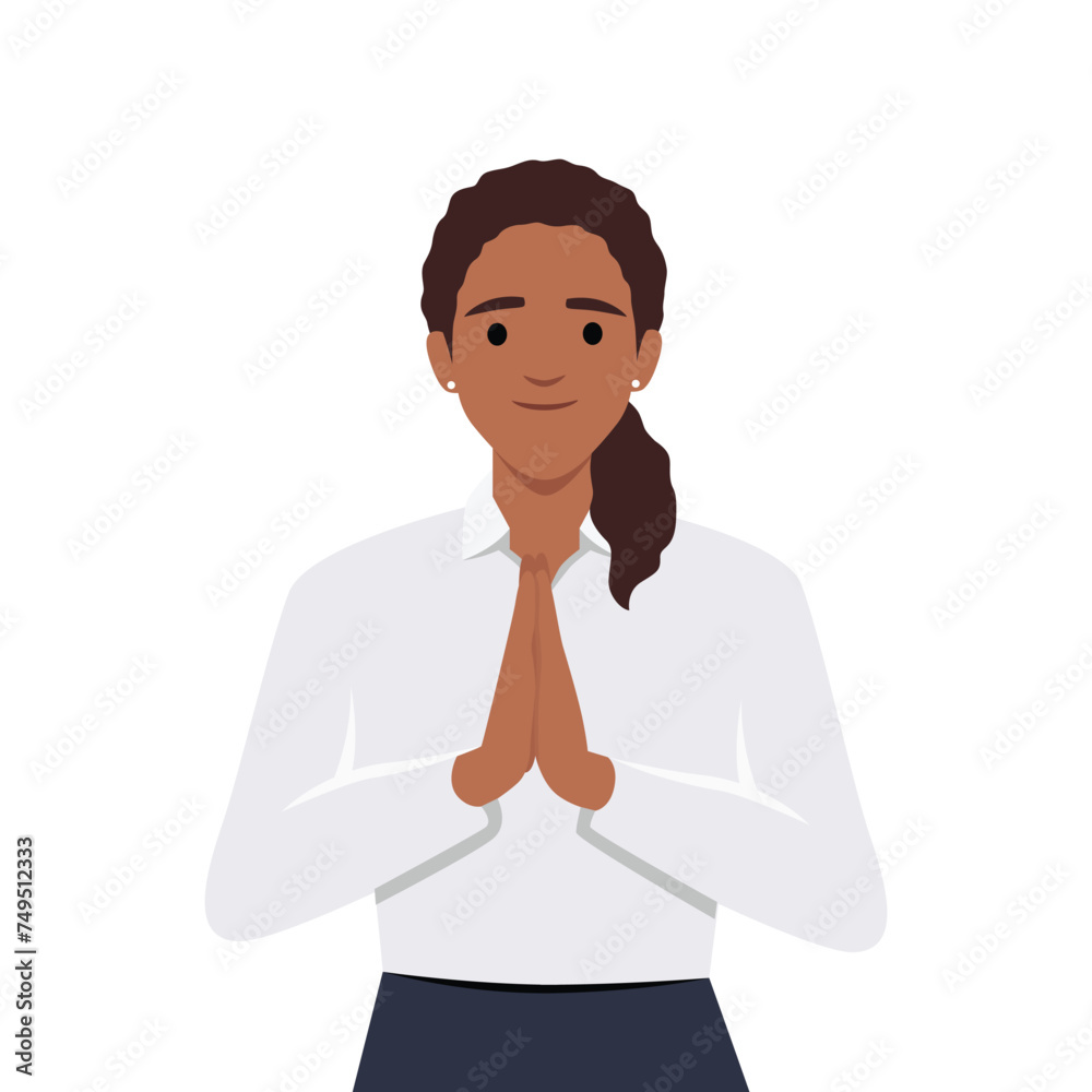 Illustration of a woman asking for a request. Woman feeling sorry concept. Flat vector illustration isolated on white background Illustration of a woman asking for a request. Woman feeling sorry concept. Flat vector illustration isolated on white background