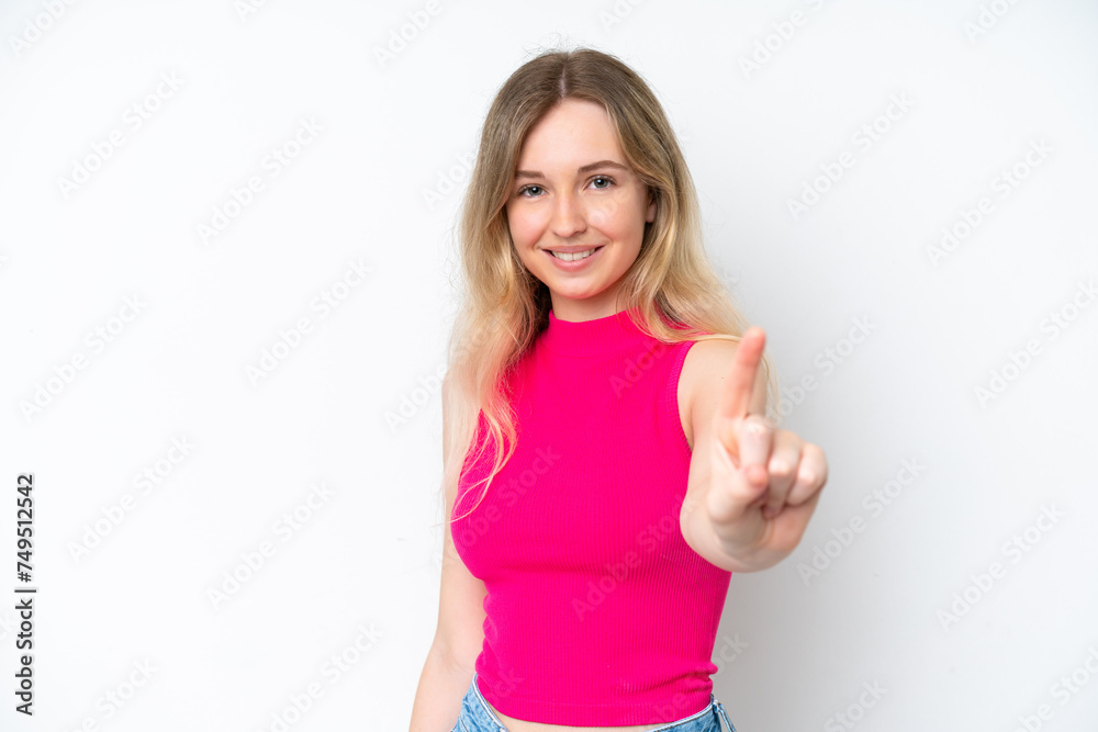 Blonde English young girl isolated on white background showing and lifting a finger Blonde English young girl isolated on white background showing and lifting a finger