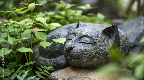 A hand-carved stone sculpture of an animal, placed among the foliage in a garden, blending art with nature.