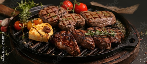 A selection of juicy steaks and colorful vegetables cooking on a hot grill, creating mouthwatering aromas and tempting flavors. The steaks are sizzling and charring, while the vegetables are getting