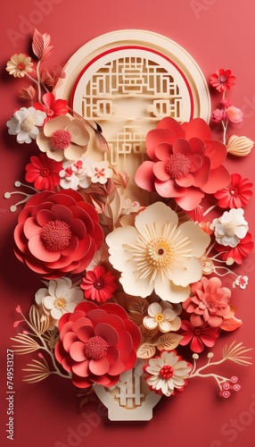 Chinese New Year Greeting card Zodiac Sign With Paper cut. Holiday Vertical Banner Concept. Red and Golden Element. Happy Chinese New Year