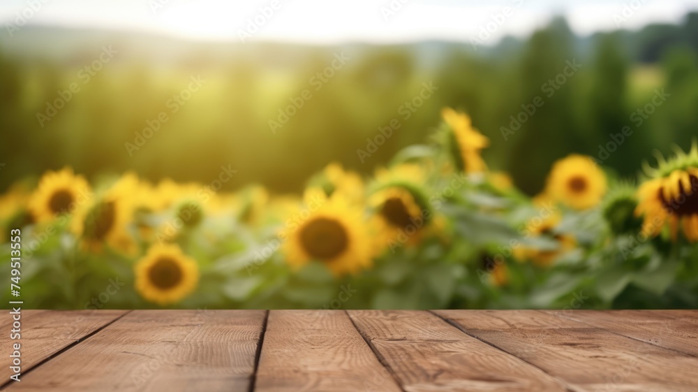 The empty wooden table top with blur background of sunflower field. Exuberant image. generative AI - obrazy, fototapety, plakaty 