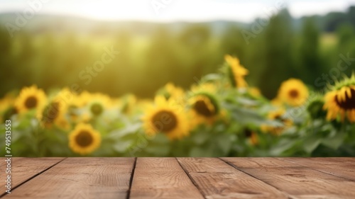The empty wooden table top with blur background of sunflower field. Exuberant image. generative AI © Summit Art Creations