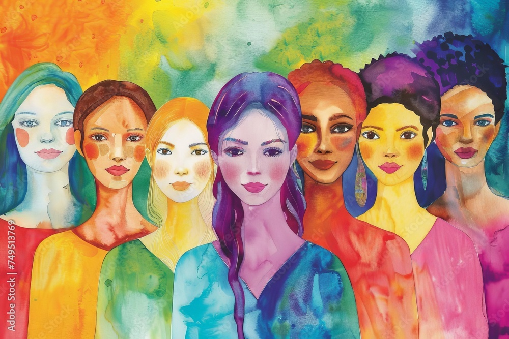 Celebration of international women's day Diverse group of women depicted in vibrant watercolors Symbolizing unity and empowerment