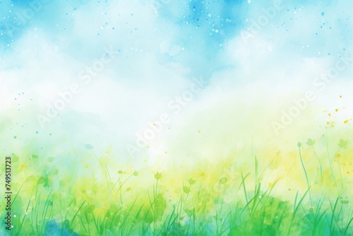 Watercolor spring background with green grass and blue sky with clouds.