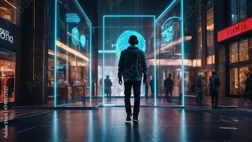 AR Future city concept, Urban Night Life with People Walking, Smiling, and Reflecting City Vibes, Photo realistic style, Metaverse concept with AR, VR, MR, modern style, cyberpunk , supermarket photo