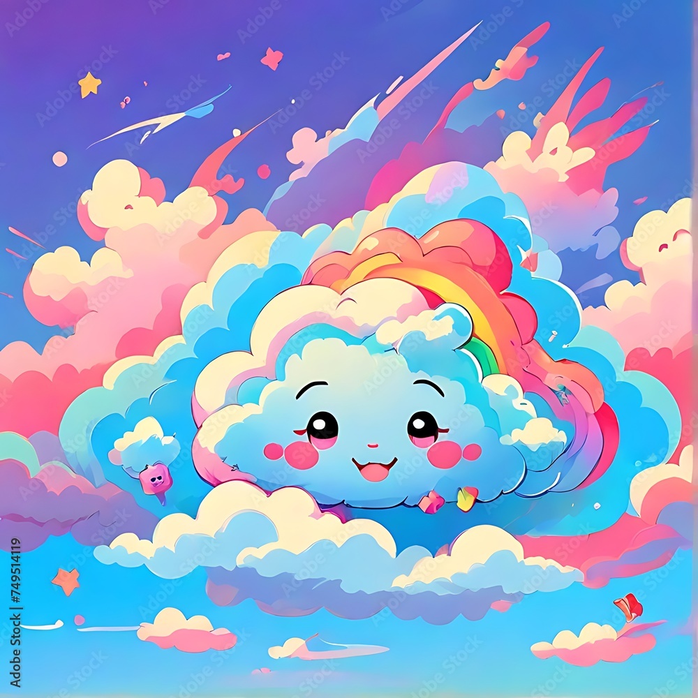  Vector happy cloud with rainbow kawaii character on blue sky background