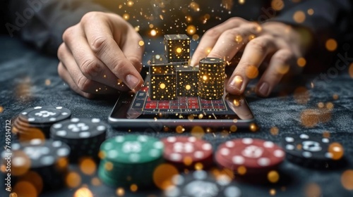 casino, gambling, entertainment and people concept - close up of woman with casino chips and smartphone. Online Casino and Betting Concept with Copy Space. Gambling Concept.