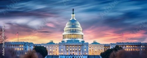 The US Capitol shines at dusk with the Reflecting Pool in front. Concept architecture, Washington D,C, landmark, dusk, reflection