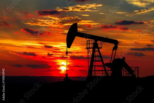 Oil rig silhouette against a vivid sunset sky Symbolizing energy Industry And environmental considerations