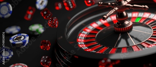 Casino roulette wheel and red dice on black background. 3d illustration. Online Casino and Betting Concept with Copy Space. Gambling Concept.