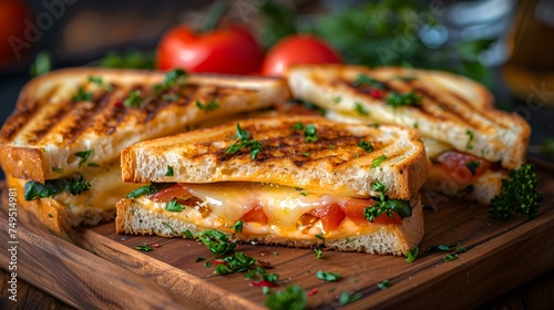 A rustic grilled cheese sandwich with herbs on a wooden tray. Concept Food Photography, Rustic Presentation, Grilled Cheese, Herbs, Wooden Tray