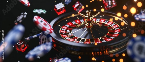 Casino theme. Roulette wheel and chips on black background. 3d illustration. Online Casino and Betting Concept with Copy Space. Gambling Concept.