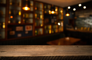 empty table to showcase your product, against the background of a blurred cafe golden bokeh. High quality photo