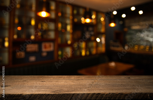 empty table to showcase your product, against the background of a blurred cafe golden bokeh. High quality photo