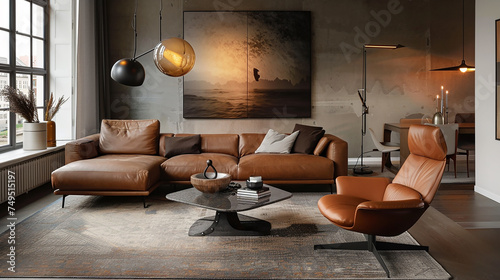 A modern living room with a leather lampshade, adding a touch of sophistication to the decor. © Lal