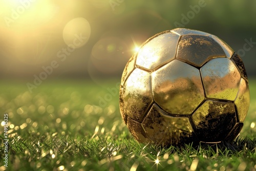 Soccer ball on the green grass with sunlight. Online Casino and Betting Concept with Copy Space. Gambling Concept.